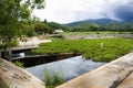 View landscape mountain and panoramic nature background of Pang Sawan weir or dike block water and check dam overflow spillway for Royalty Free Stock Photo