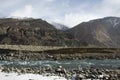 Landscape mountains range with nubra and shyok river between Diskit Turtok highway road at Leh Ladakh in Jammu and Kashmir, India Royalty Free Stock Photo