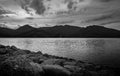 View of landscape nature in sky storm and river in rain season, Black and white and monochrome style Royalty Free Stock Photo