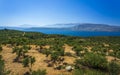 View of landscape with olive trees, mountains ans Sea of Crete, Greek Islands, Greece, Europe Royalty Free Stock Photo