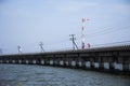 View landscape reservoir and track railway floating in Khuean Pasak Chonlasit Dam for train cross Pa Sak Jolasid dam send receive