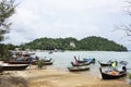 View landscape seascape and local thai fisher people floating stop boat ship in sea waiting catch fish and marine life at Pak Bara
