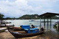 View landscape seascape and local thai fisher people floating stop boat ship in sea waiting catch fish and marine life at Pak Bara