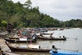 View landscape seascape and local thai fisher people floating stop boat ship in sea waiting catch fish and marine life at Pak Bara