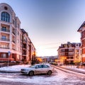 New luxury house and residential complex with a convenient courtyard in Moscow. Modern urban real estate and condominium Royalty Free Stock Photo