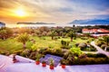 View of the landscaped garden in Dubrovnik and the sunset