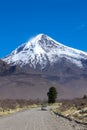 View of the Lanin Volcano from the road to Tromen Lake in Neuquen, Argentina. This volcano is covered by eternal snow