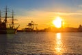 View of Lanterna (lighthouse) in old port of the city of Genoa at sunset, Italy Royalty Free Stock Photo