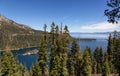 View of Large Bay and Lake with Boats, Small Island, Trees and Mountains. Royalty Free Stock Photo