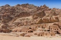 View of large cliff side tomb carved from the beautiful richly colored sandstone in the ancient city of Petra, Jordan