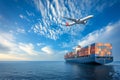 View of a large container cargo ship and air cargo