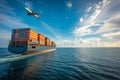 View of a large container cargo ship and air cargo