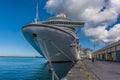 A view of a large cruise ship moored in Bridgetown, Barbados