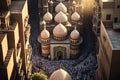 View of the large mosque from above and the hundreds of people gathered in front of it. Mosque as a place of prayer for Muslims