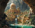 View of a large mosque roz flowing water, greenery, caves. Mosque as a place of prayer for Muslims Royalty Free Stock Photo