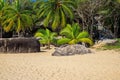 View of large stones, boulders and palm trees on the shore of the South China Sea. Sanya, China. Royalty Free Stock Photo