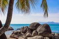 View of large stones, boulders and palm trees on the shore of the South China Sea. Sanya, China. Royalty Free Stock Photo