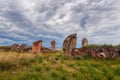 View of the large stones of the Salbyk burial mound in the steppe of Khakassia many stones