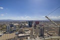 View of Las Vegas panorama from Stratosphere tower of Strat casino hotel with observation deck attraction.