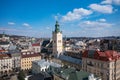 View on Latin Cathedral in Lviv, Ukraine  from drone Royalty Free Stock Photo