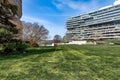 View of the lawn area amidst the Watergate Complex in Washington, DC Royalty Free Stock Photo