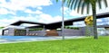 View from the lawn to the stunning contemporary house constructed according to futuristic design with environment friendly