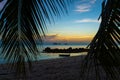 View through the leaves of palm trees on the ocean. There is a wooden boat on the water. Sunset. Sand beach. Romance Royalty Free Stock Photo