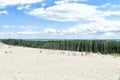 View on Lebsko Lake from Lacka dune in Slowinski National Park. Traveling dune in sunny summer day. Sandy beach, blue sky.