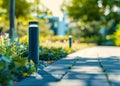 View of led lighting solar lamp in daytime in a green garden. Royalty Free Stock Photo