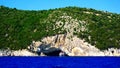 Cruise Ship. View of Lefkada, a green Ionian Greek Island, from a day cruise boat leaving Nidri Port, Lefkada island, Greece