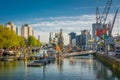 View on the Leuvehaven of Rotterdam on a beautiful indian summer day with blue sky, skyscrapers in the background