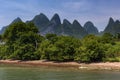 View of the Li River with the tall limestone peaks on the background near Yangshuo, China, Asia