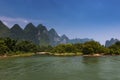 View of the Li River with the tall limestone peaks on the background near Yangshuo, China, Asia