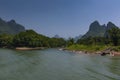 View of the Li River with the tall limestone peaks on the background near Yangshuo, China, Asia