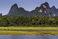 View of the Li River with water buffalo and the tall limestone peaks in the background near Yangshuo in China