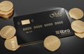 View of Libra gold-black credit card lying on a white background with golden libra coins