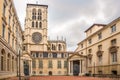 View at the Library courtyard and Bell tower of Cathedral of Saint John the Baptist in the streets of Lyon - France Royalty Free Stock Photo