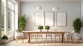 View of light wall with empty white frame in dining room interior in house, green plant and nature view from large window Royalty Free Stock Photo