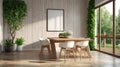 View of light wall with empty white frame in dining room interior in house, green plant and nature view from large window Royalty Free Stock Photo