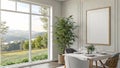 View of light wall with empty white frame in interior of eco-dining room in house, wooden table with chairs, 3D rendering, Royalty Free Stock Photo