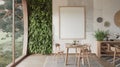 View of light wall with empty white frame in interior of eco-dining room in house, wooden table with chairs, 3D rendering, Royalty Free Stock Photo