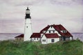 View of the lighthouse and a brick house.