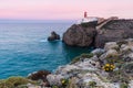 View of the lighthouse and cliffs at Cape St. Vincent at sunset. Continental Europe`s most South-western point, Sagres, Algarve Royalty Free Stock Photo