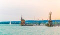 View of a lighthouse with a famous revolving statue situated in the port of Konstanz, bodensee, Germany....IMAGE Royalty Free Stock Photo