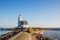 View of lighthouse near the Marken village, Netherlands. Waterland district near Amsterdam