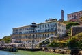 View of lighthouse and other buildings close up from offshore of Alcatraz Island