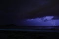 View of lightning strike over a rural farm field, lightning strikes the ground, strong thunder, lightning, dark clouds in the sky Royalty Free Stock Photo