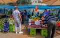 View of Limassol fruit and vegetable market with shoppers choosing their fruit and vegetables
