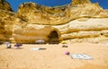 View of limestone cliffs of the Rabbit Beach (Praia da Coelha) in Albufeira, District Faro, Algarve, Portugal