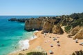 View of limestone cliffs and the Rabbit Beach Praia da Coelha in Albufeira, District Faro, Algarve, Southern Portugal